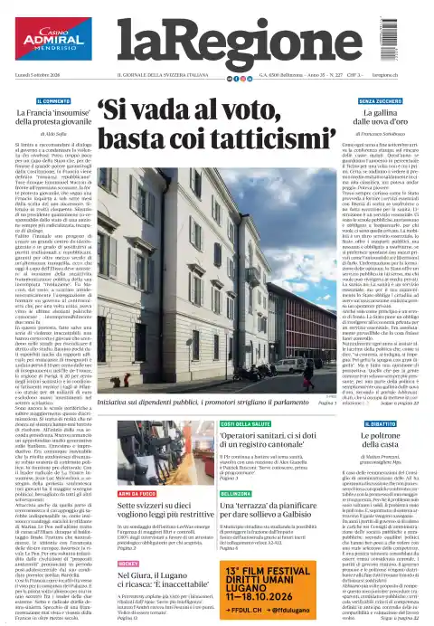 Capa do laRegione de 5 de outubro de 2026. Manchete: «Vá-se a votos, chega de tatticismos».