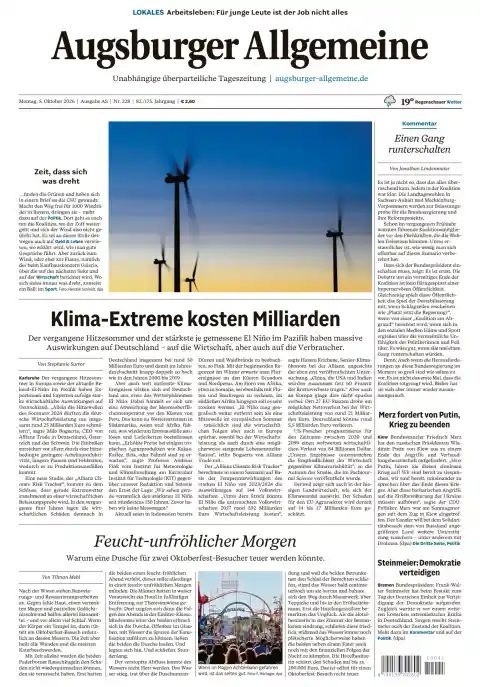 Capa do Augsburger Allgemeine de 5 de outubro de 2026. Manchete: Extremos climáticos custam mil milhões.