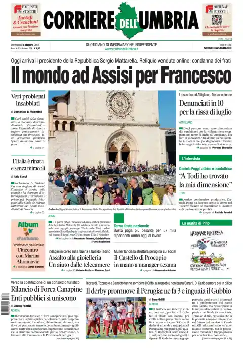 Capa do Corriere dell'Umbria de 4 de outubro de 2026. Manchete: O mundo em Assis pelo Francesco.