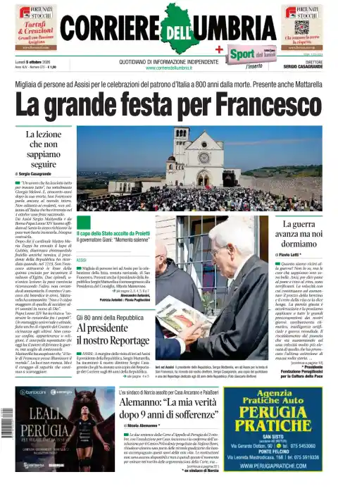Capa do Corriere dell'Umbria de 5 de outubro de 2026. Manchete: A grande festa por Francisco.