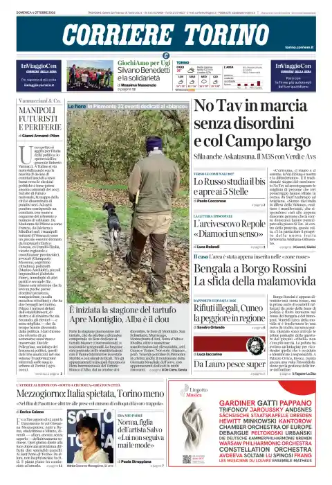 Capa do Corriere Torino de 4 de outubro de 2026. Manchete: No Tav em marcha sem desordens e com o Campo largo.