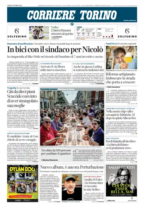 Capa do Corriere Torino de 5 de outubro de 2026. Manchete: De bicicleta com o presidente para Nicolò.