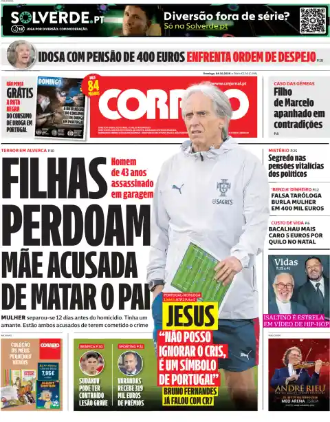 Capa do Correio da Manhã de 4 de outubro de 2026. Manchete: Filhas perdoam mãe acusada de matar o pai.
