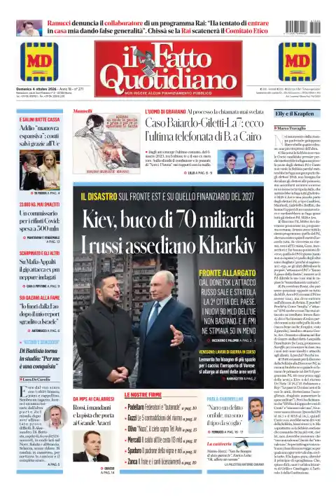 Capa do Il Fatto Quotidiano de 4 de outubro de 2026. Manchete: Kiev, buraco de 70 mil milhões. Os russos cercam Carcóvia.