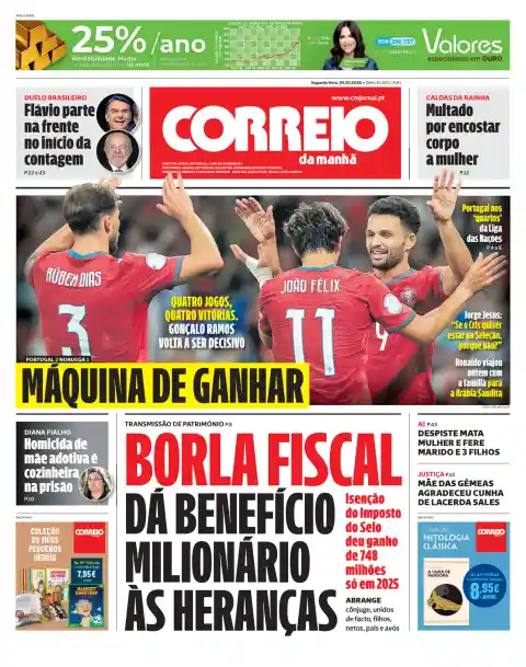 Capa do Correio da Manhã de 5 de outubro de 2026. Manchete: Borla fiscal dá benefício milionário às heranças.