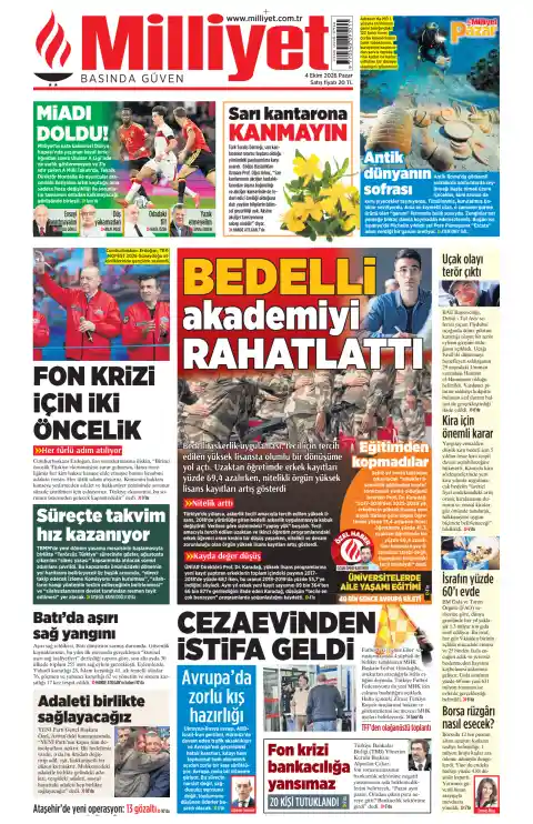 Capa do Milliyet de 4 de outubro de 2026. Manchete: O serviço militar remunerado aliviou a academia.