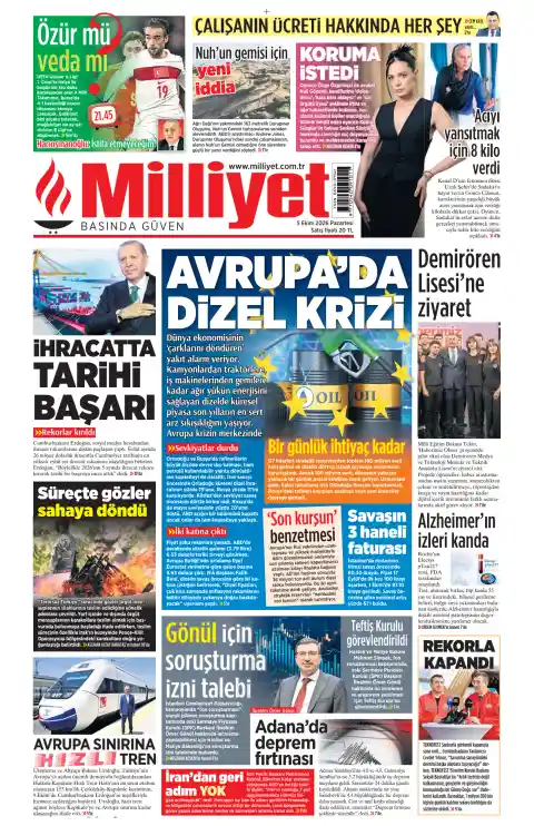 Capa do Milliyet de 5 de outubro de 2026. Manchete: Crise de gasóleo na Europa.