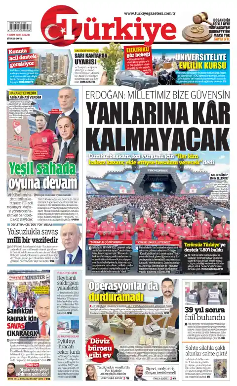 Capa do Türkiye de 4 de outubro de 2026. Manchete: Erdoğan: o nosso povo confia em nós, não ficará prejudicado ao nosso lado.