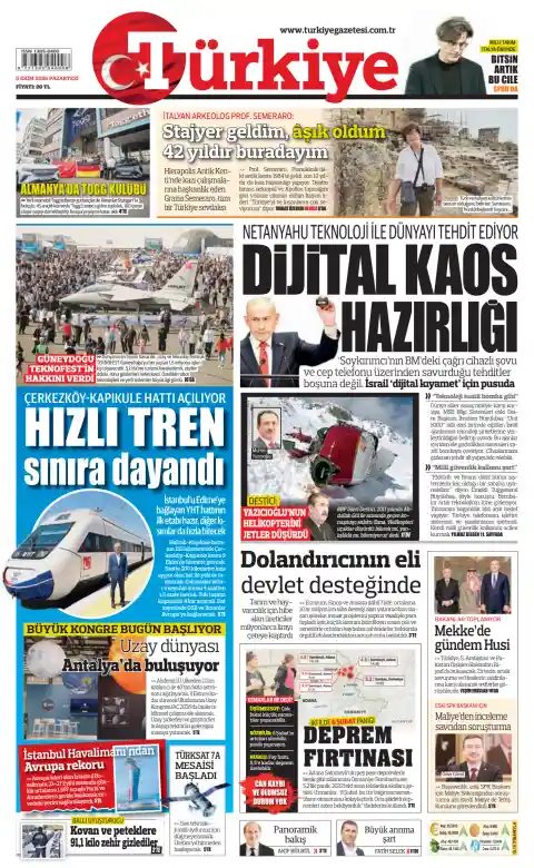 Capa do Türkiye de 5 de outubro de 2026. Manchete: Preparação para caos digital.