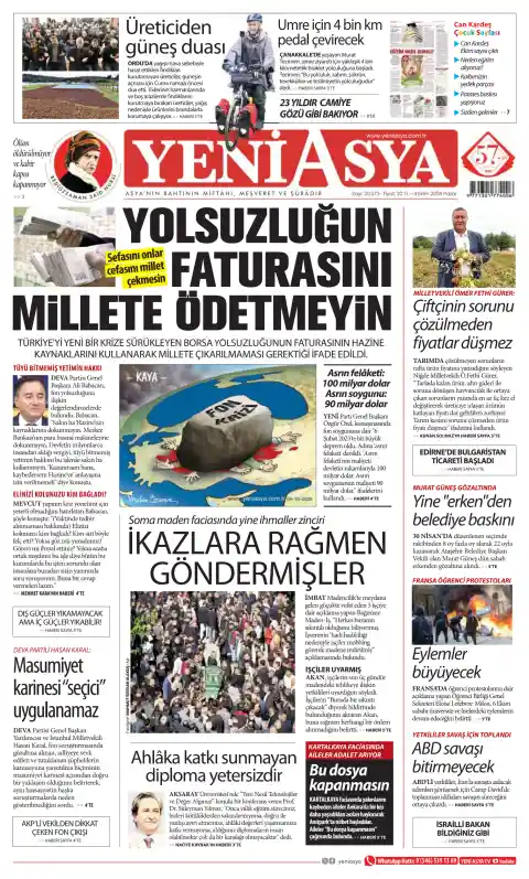 Capa do Yeni Asya de 4 de outubro de 2026. Manchete: Não façam pagar a fatura da corrupção aos cidadãos.