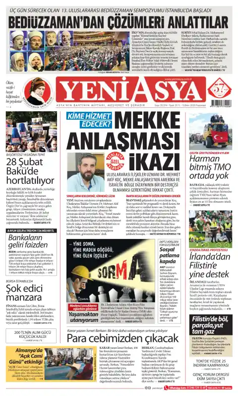 Yeni Asya front page, 5 October 2026. Headline: Bedüzzaman presented the solutions.