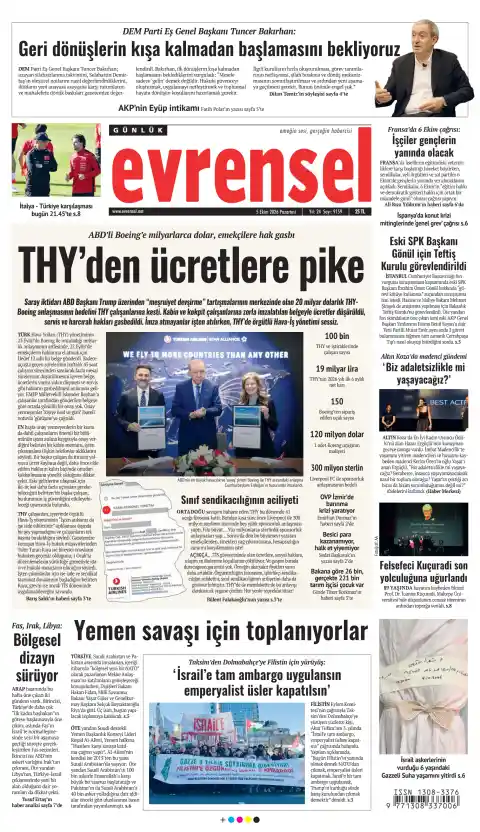 Capa do Evrensel de 5 de outubro de 2026. Manchete: THY baixa os preços das tarifas.