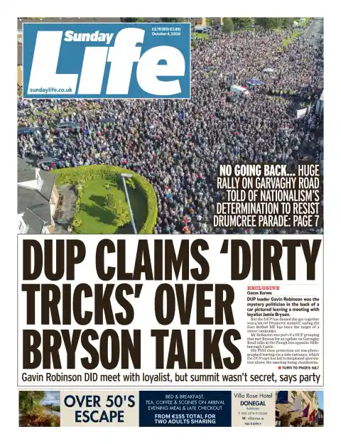 Sunday Life front page, 4 October 2026. Headline: DUP claims "dirty tricks" over Bryson talks.