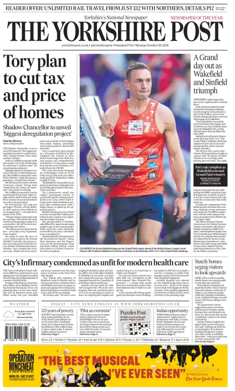Capa do The Yorkshire Post de 5 de outubro de 2026. Manchete: Plano conservador para reduzir impostos e preços das habitações.