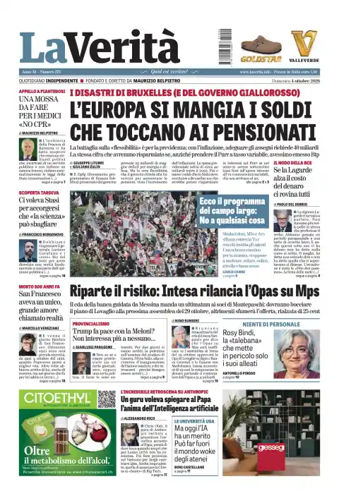 Capa do La Verità de 4 de outubro de 2026. Manchete: A Europa consome o dinheiro que cabe aos pensionados.