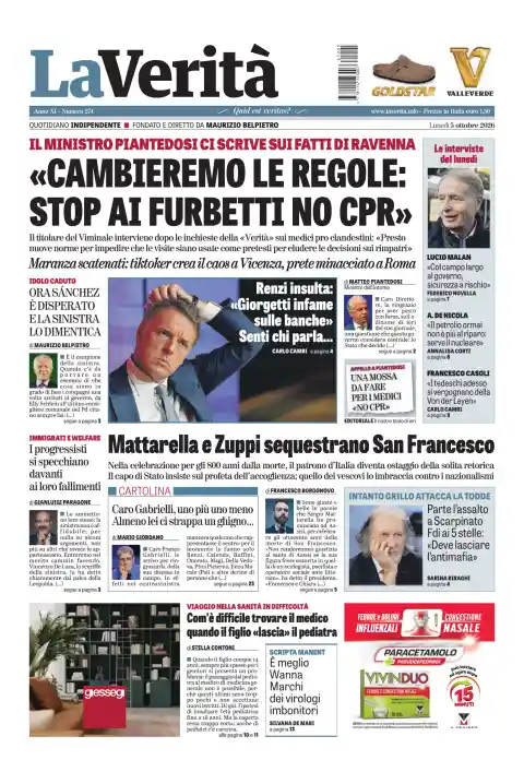 Capa do La Verità de 5 de outubro de 2026. Manchete: «Mudaremos as regras: basta com os aproveitadores no CPR».