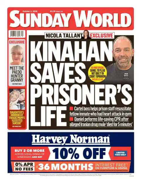 Capa do Sunday World de 4 de outubro de 2026. Manchete: Kinahan salva vida de prisioneiro.