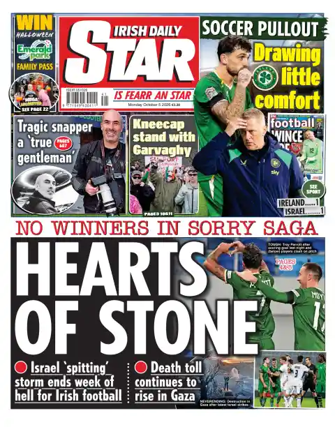 Capa do Irish Daily Star de 5 de outubro de 2026. Manchete: Corações de pedra.
