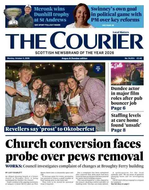 Capa do The Courier de 5 de outubro de 2026. Manchete: Conversão de igreja enfrenta investigação sobre remoção de bancos.