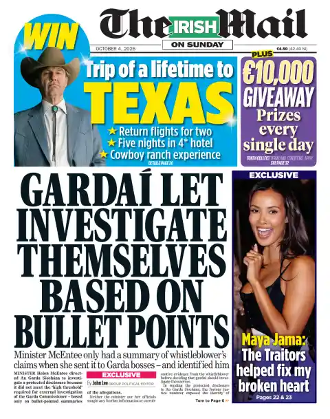 Capa do The Irish Mail on Sunday de 4 de outubro de 2026. Manchete: Gardaí investigam-se a si próprios com base em sumários.