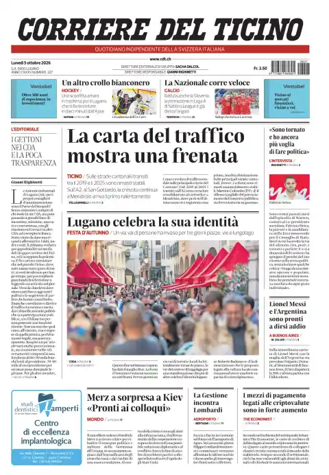 Capa do Corriere del Ticino de 5 de outubro de 2026. Manchete: O mapa do trânsito mostra uma desaceleração.