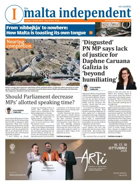 The Malta Independent on Sunday front page, 4 October 2026. Headline: From 'nibbejkja' to nowhere: How Malta is toasting its own tongue.