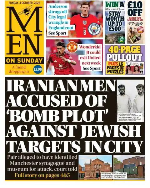 Manchester Evening News front page, 4 October 2026. Headline: Iranian men accused of 'bomb plot' against Jewish targets in city.