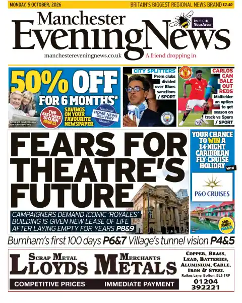 Capa do Manchester Evening News de 5 de outubro de 2026. Manchete: Temores pelo futuro do teatro.