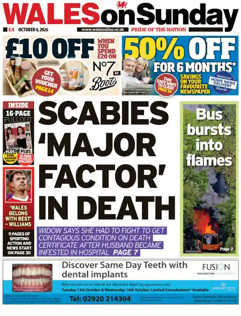 Wales on Sunday front page, 4 October 2026. Headline: Scabies was a "major factor" in death.