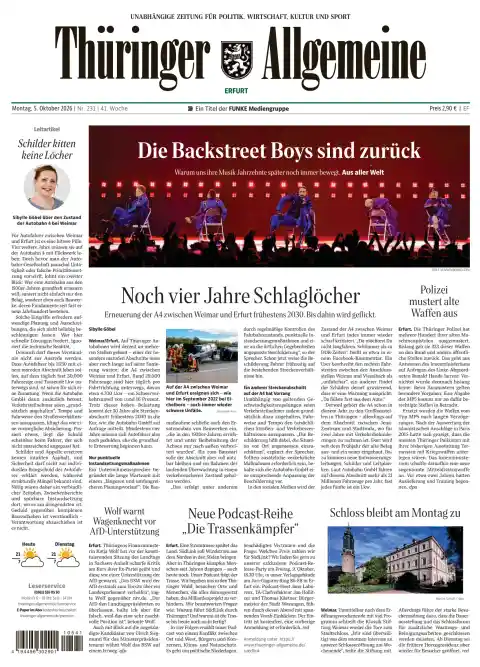 Capa do Thüringer Allgemeine de 5 de outubro de 2026. Manchete: Os Backstreet Boys regressaram.