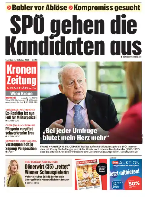 Capa do Kronen Zeitung de 4 de outubro de 2026. Manchete: SPÖ fica sem candidatos.