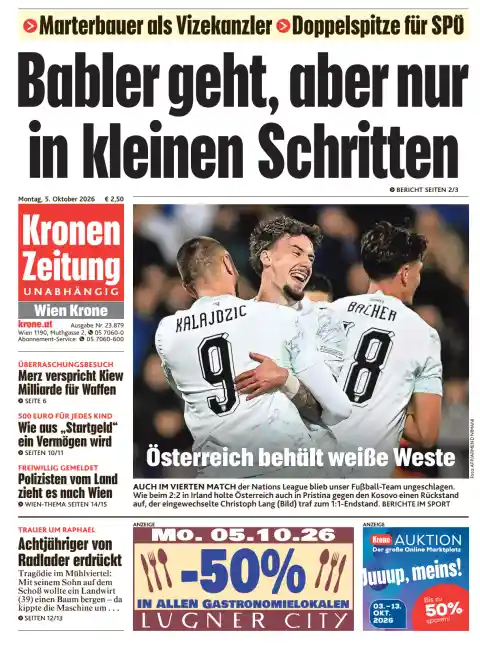 Capa do Kronen Zeitung de 5 de outubro de 2026. Manchete: Babler sai, mas apenas aos pequenos passos.