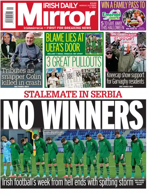 Capa do Irish Daily Mirror de 5 de outubro de 2026. Manchete: Sem vencedores.