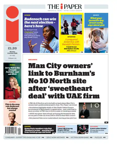 Capa do i (inews) de 5 de outubro de 2026. Manchete: Ligação dos donos do Man City ao terreno do No 10 North de Burnham, após um "negócio de favor" com uma empresa dos Emirados Árabes Unidos.