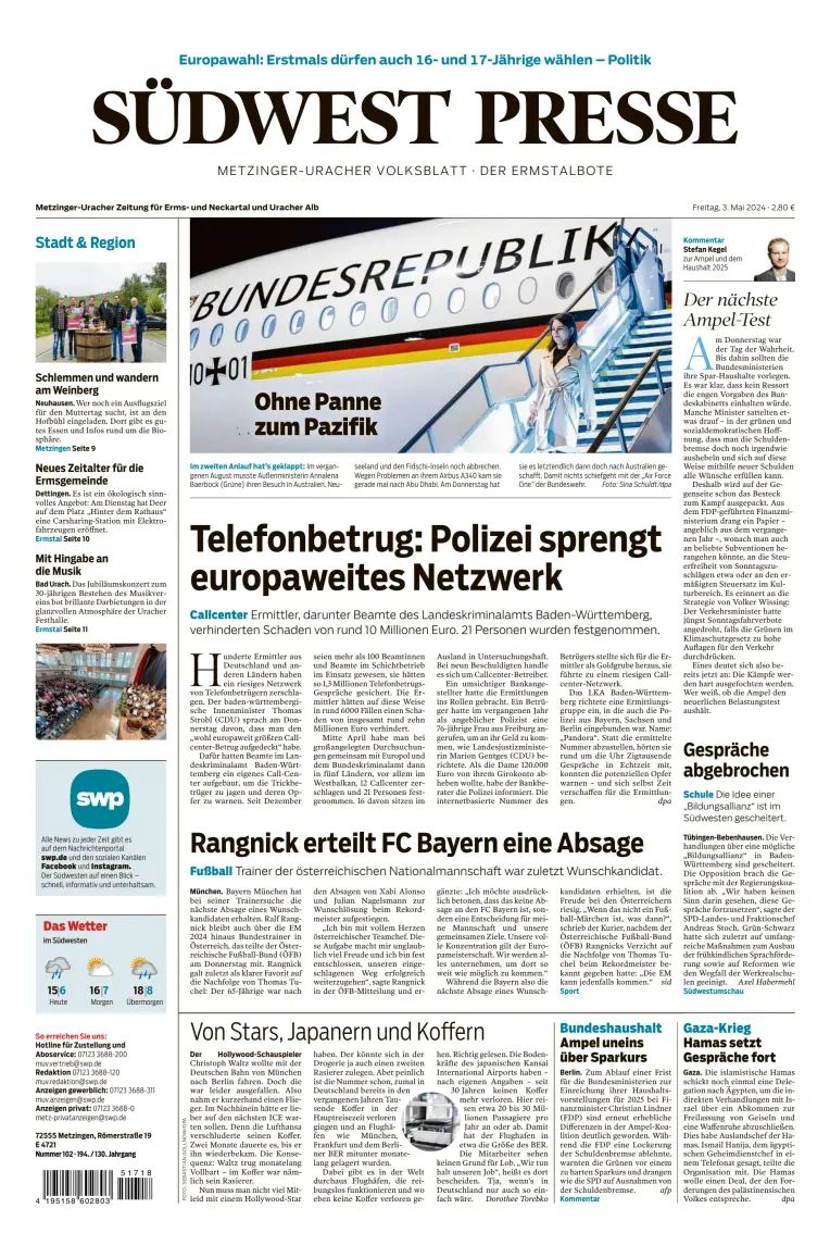 Südwest Presse - Metzinger Uracher Volksblatt - Der Ermstalbote