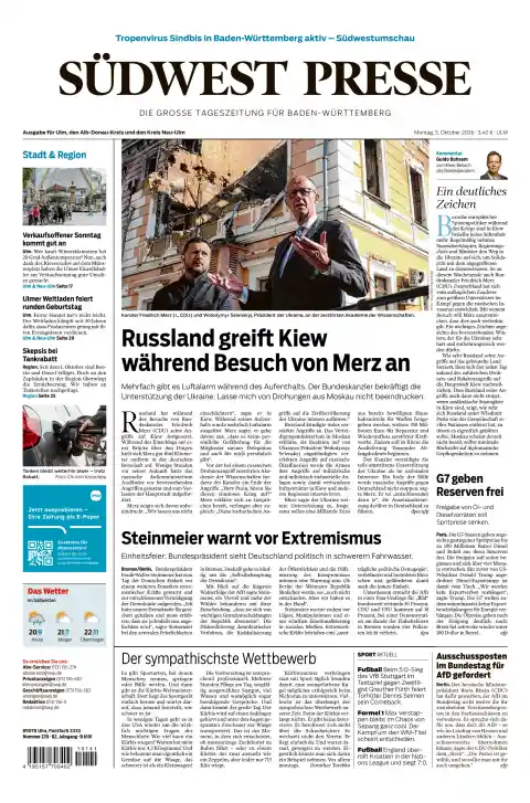 Capa do Südwest Presse de 5 de outubro de 2026. Manchete: Rússia ataca Kiev durante visita de Merz.