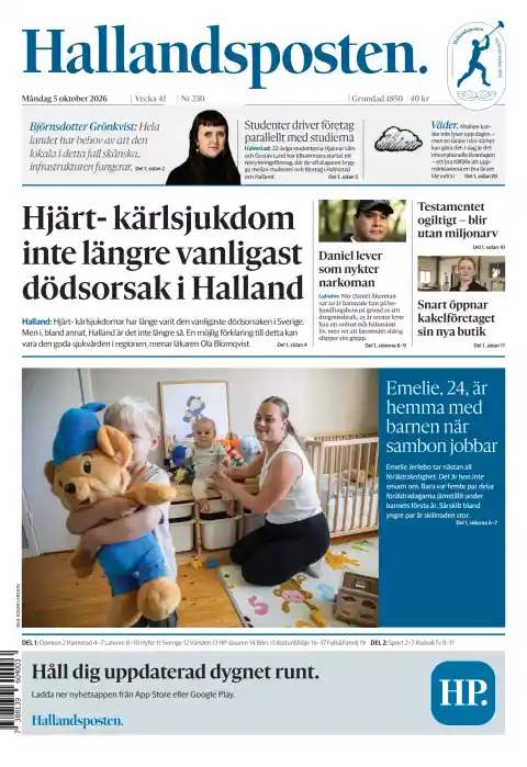 Capa do Hallandsposten de 5 de outubro de 2026. Manchete: Doença cardíaca deixa de ser a causa de morte mais comum em Halland.