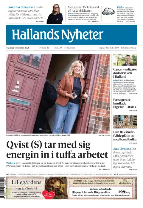 Capa do Hallands Nyheter de 5 de outubro de 2026. Manchete: Qvist (S) leva a energia para o trabalho difícil.