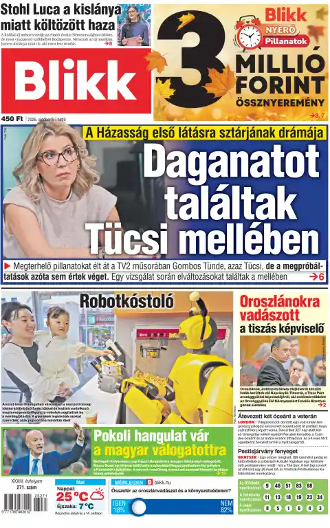 Capa do Blikk de 5 de outubro de 2026. Manchete: Encontraram um tumor no peito de Tücsi.