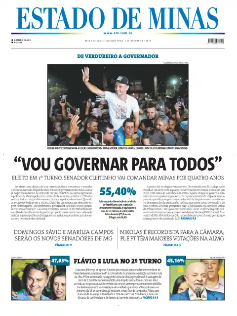 Portada de Estado de Minas del 5 de octubre de 2026. Titular: Voy a gobernar para todos.