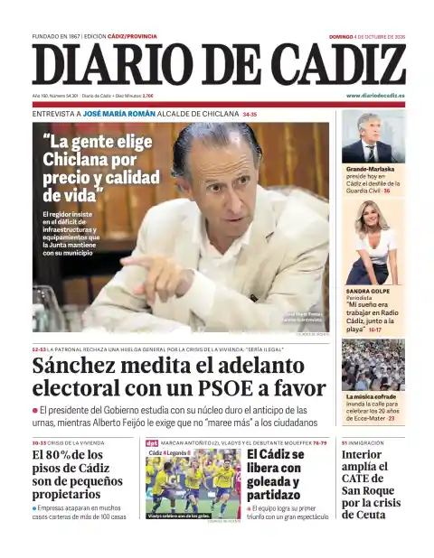 Diario de Cádiz front page, 4 October 2026. Headline: Sánchez ponders early elections with a PSOE in favour.