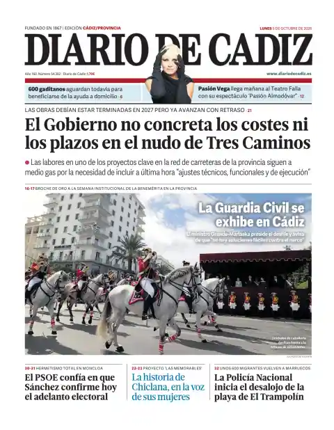 Capa do Diario de Cádiz de 5 de outubro de 2026. Manchete: O Governo não especifica os custos nem os prazos no nó de Três Caminhos.