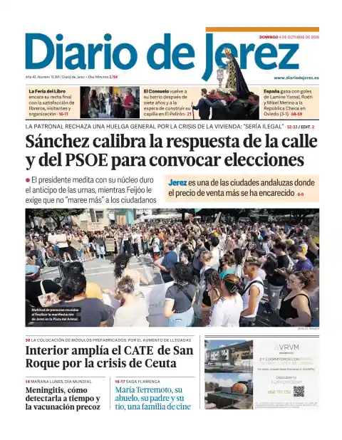 Diario de Jerez front page, 4 October 2026. Headline: Sánchez calibrates street response and PSOE reaction to call elections.