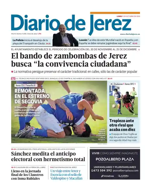 Capa do Diario de Jerez de 5 de outubro de 2026. Manchete: A banda de zambombas de Jerez busca "a convivência ciudadã".