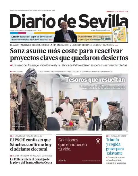 Capa do Diario de Sevilla de 5 de outubro de 2026. Manchete: Sanz assume mais custo para reativar projectos-chave que ficaram desertos.