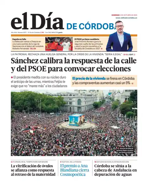 Capa do El Día de Córdoba de 4 de outubro de 2026. Manchete: Sánchez avalia a resposta da rua e do PSOE para convocar eleições.