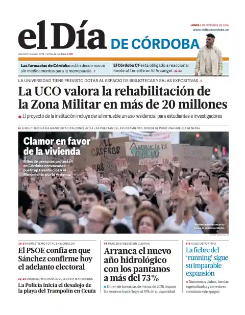 Capa do El Día de Córdoba de 5 de outubro de 2026. Manchete: A UCO avalia a reabilitação da Zona Militar em mais de 20 milhões.