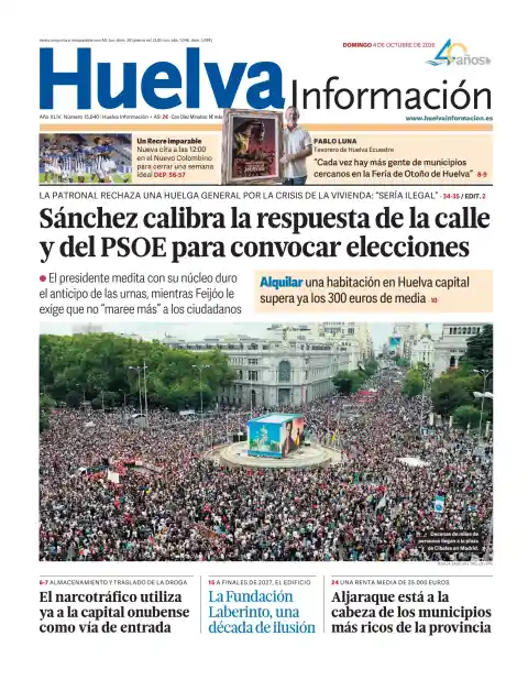 Huelva Información front page, 4 October 2026. Headline: Sánchez calibrates street and PSOE response to call elections.