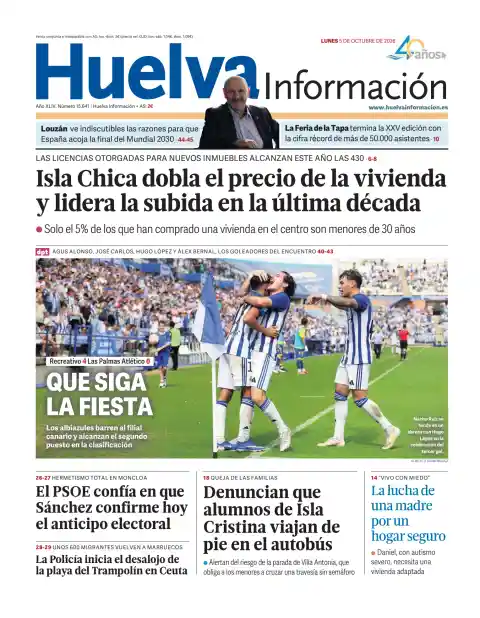 Capa do Huelva Información de 5 de outubro de 2026. Manchete: Isla Chica duplica o preço da habitação e lidera a subida na última década.