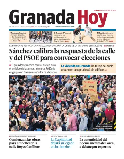 Capa do Granada Hoy de 4 de outubro de 2026. Manchete: Sánchez avalia a resposta da rua e do PSOE para convocar eleições.